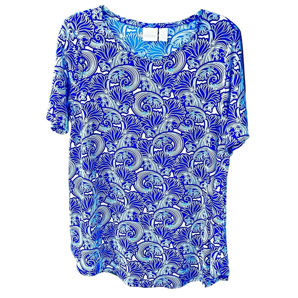 Chico’s Blue Top Tropical Floral Printed Short Sleeve Pullover Shirt Sz 1 (US-8)